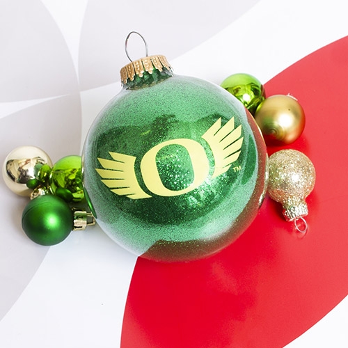 Green RFSJ Sparkle Round Globe w/ Yellow O with Wings Ornament